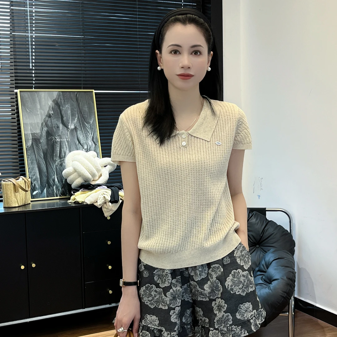 【Si&华严选】显瘦百搭纯色翻领针织衫短袖轻薄透气镂空上衣3099