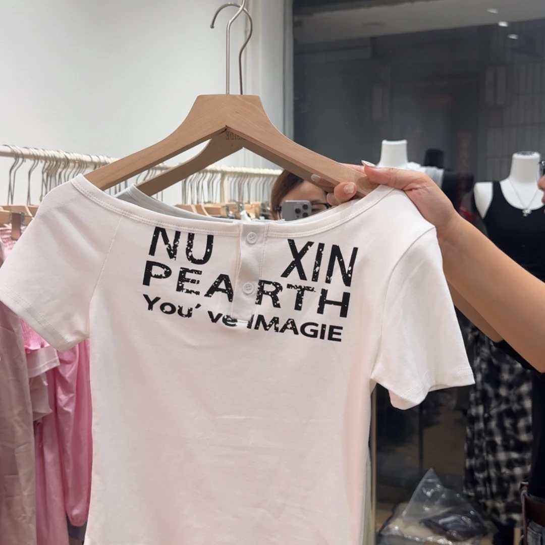 棉纯棉字母修身斜肩T