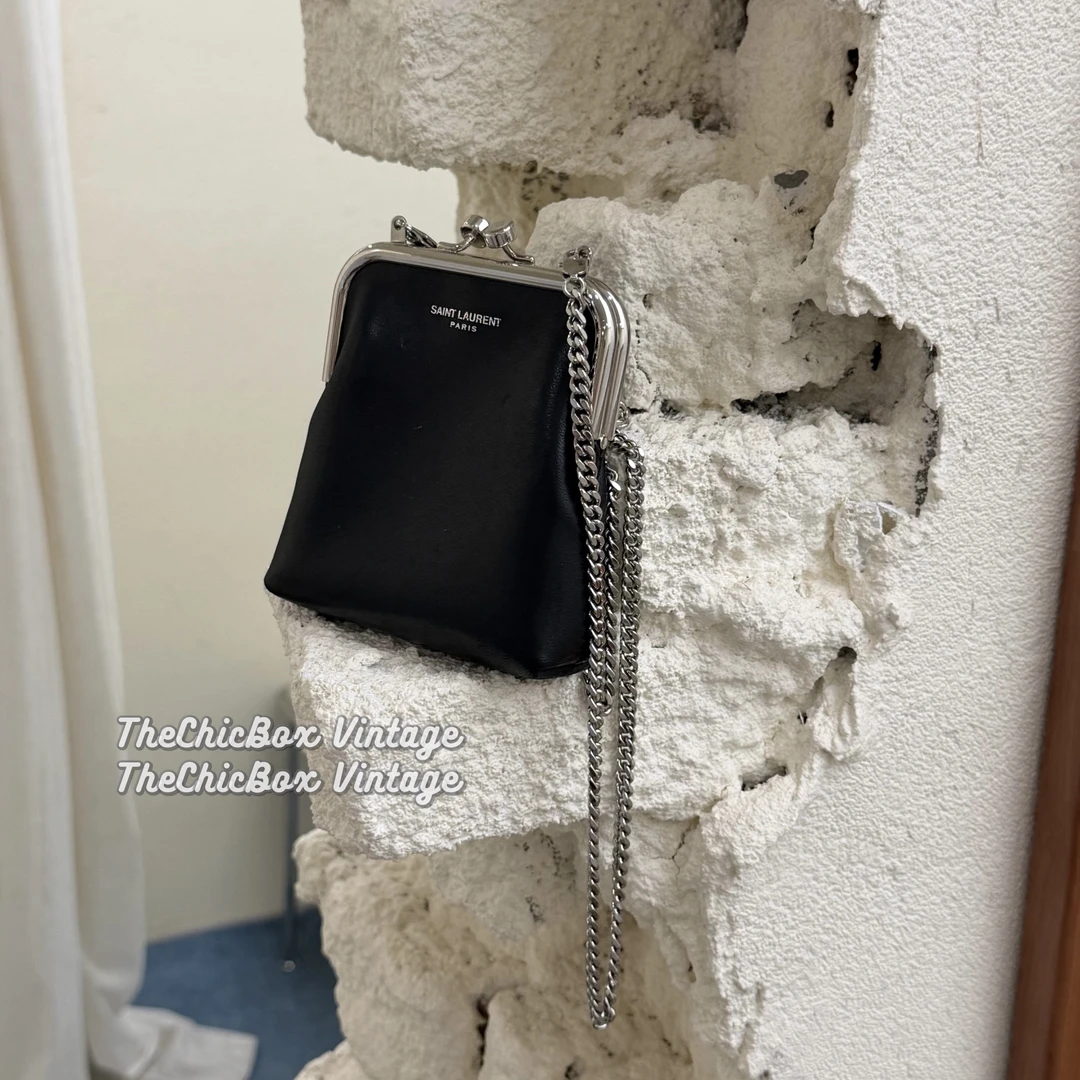 95新 YSL/圣罗兰 只盒/Ysl黑银Mini口金链条包