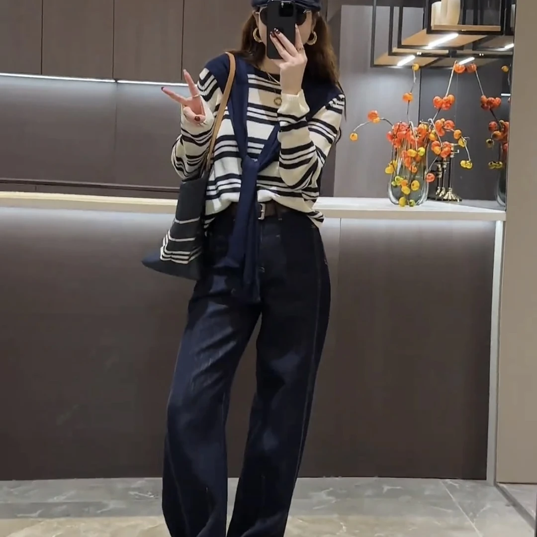 2025春秋季新款女士时尚休闲条纹披肩上衣宽松直筒阔腿裤两件套装