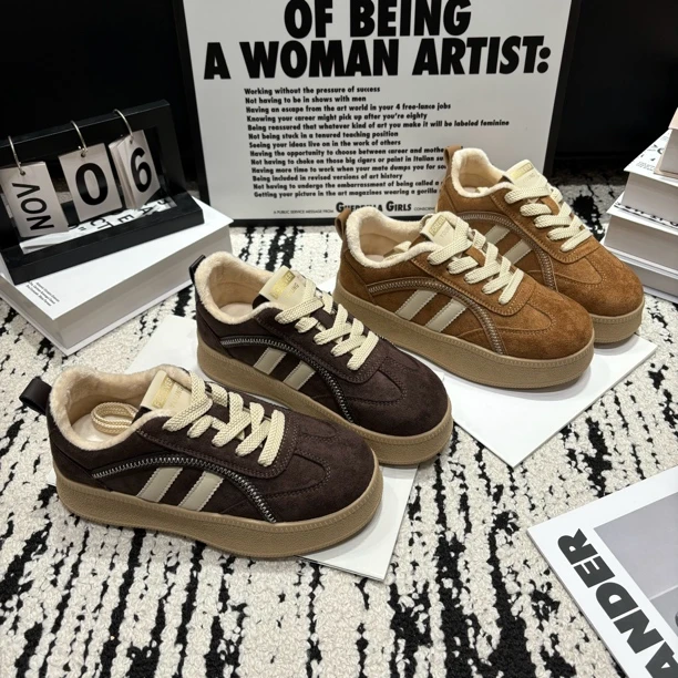 【加绒】绒面美拉德增高4公分德训鞋女秋冬百搭加绒板鞋复古厚底鞋