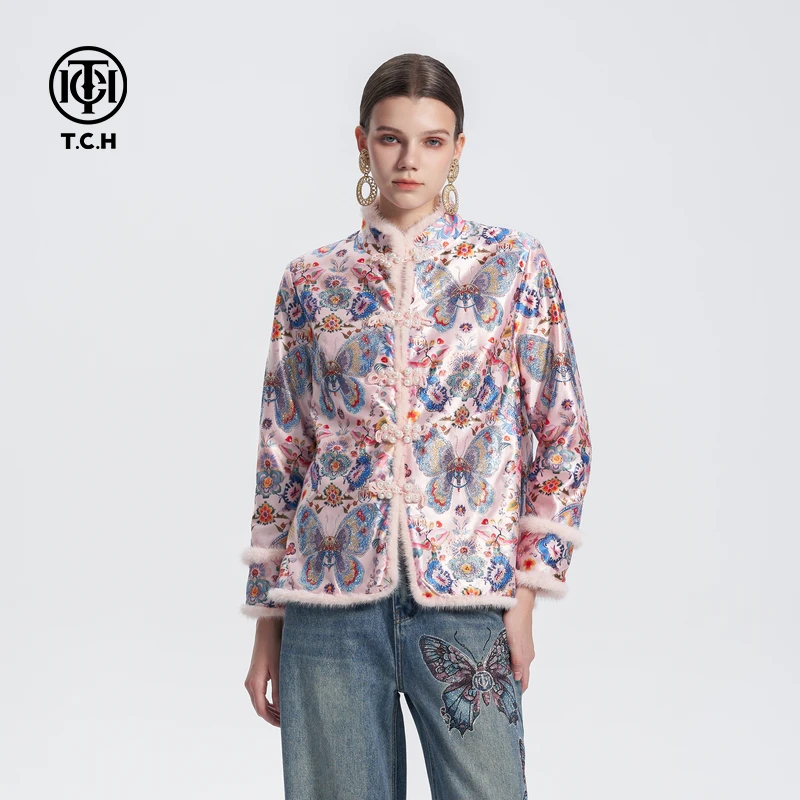 TCH 新中式毛毛边立领烫钻蝴蝶国风气质优雅棉服外套女T72D186009