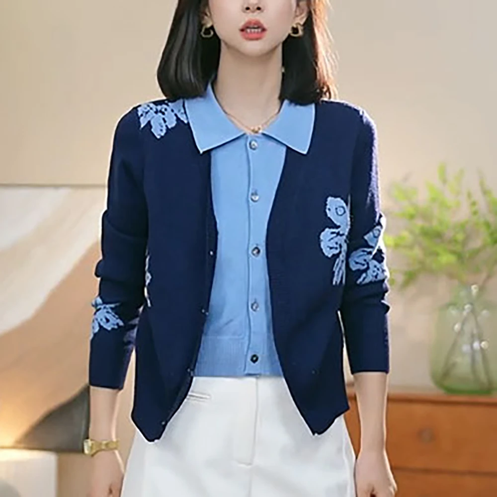 早秋新款女假两件撞色长袖针织衫时尚高级感修身显瘦洋气减龄上衣