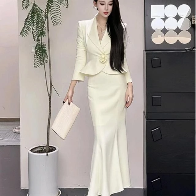 时尚气质优雅长袖西装上衣女2025春季高级感半身长裙子两件套装女