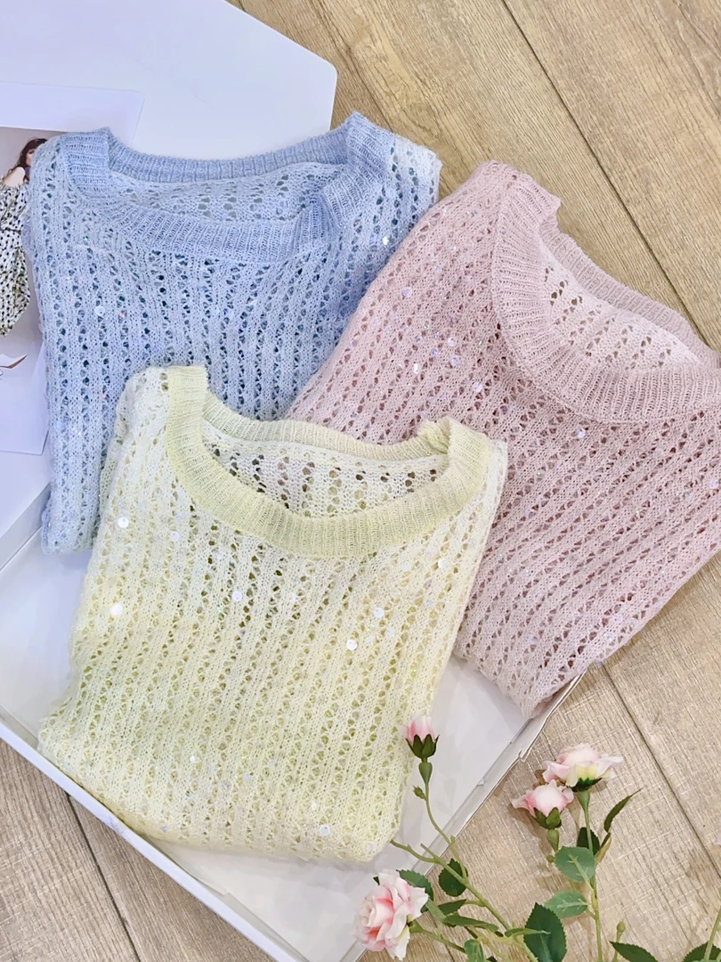 琳心丨春夏新款时尚亮片镂空圆领针织衫 DY5975
