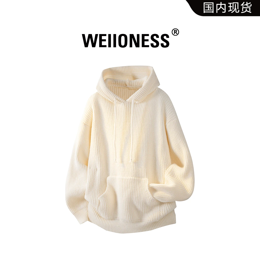 WEIIONESS连帽慵懒风毛衣男秋冬潮流纯色百搭针织衫上衣轻奢男装