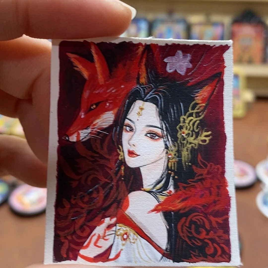 装裱画纯手绘九尾狐唐卡