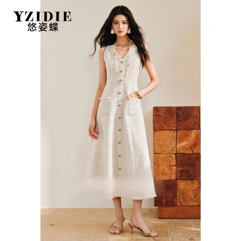 YZIDIE马赛海滨轻薄混彩编织粗花呢V领无袖大A摆香风连衣裙优雅