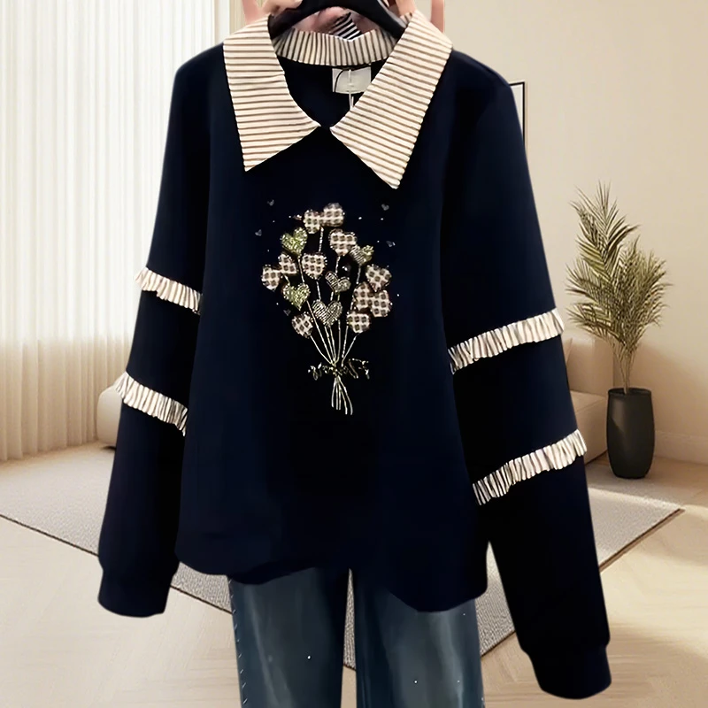 韩版洋气正肩爱心烫钻卫衣女春秋新款时髦百搭衬衫领长袖秋装上衣