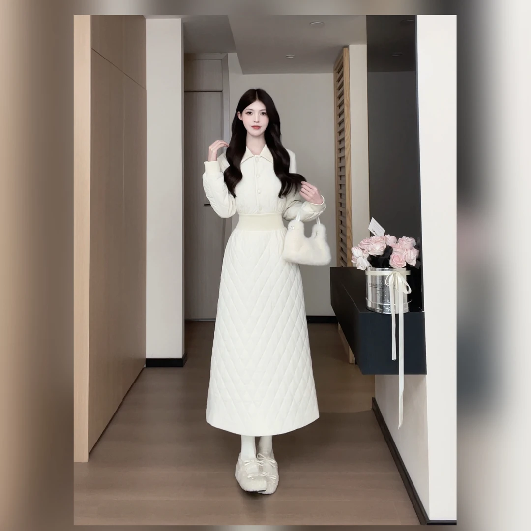 松本丧丧秋冬棉服菱格纹翻领连衣裙棉服保暖百搭显瘦B254Q1914