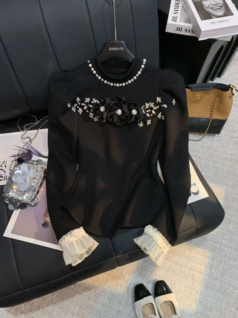 ZHOUYI/周一2025冬季厚款亮珠圆领上衣小众蕾丝时尚针织衫女