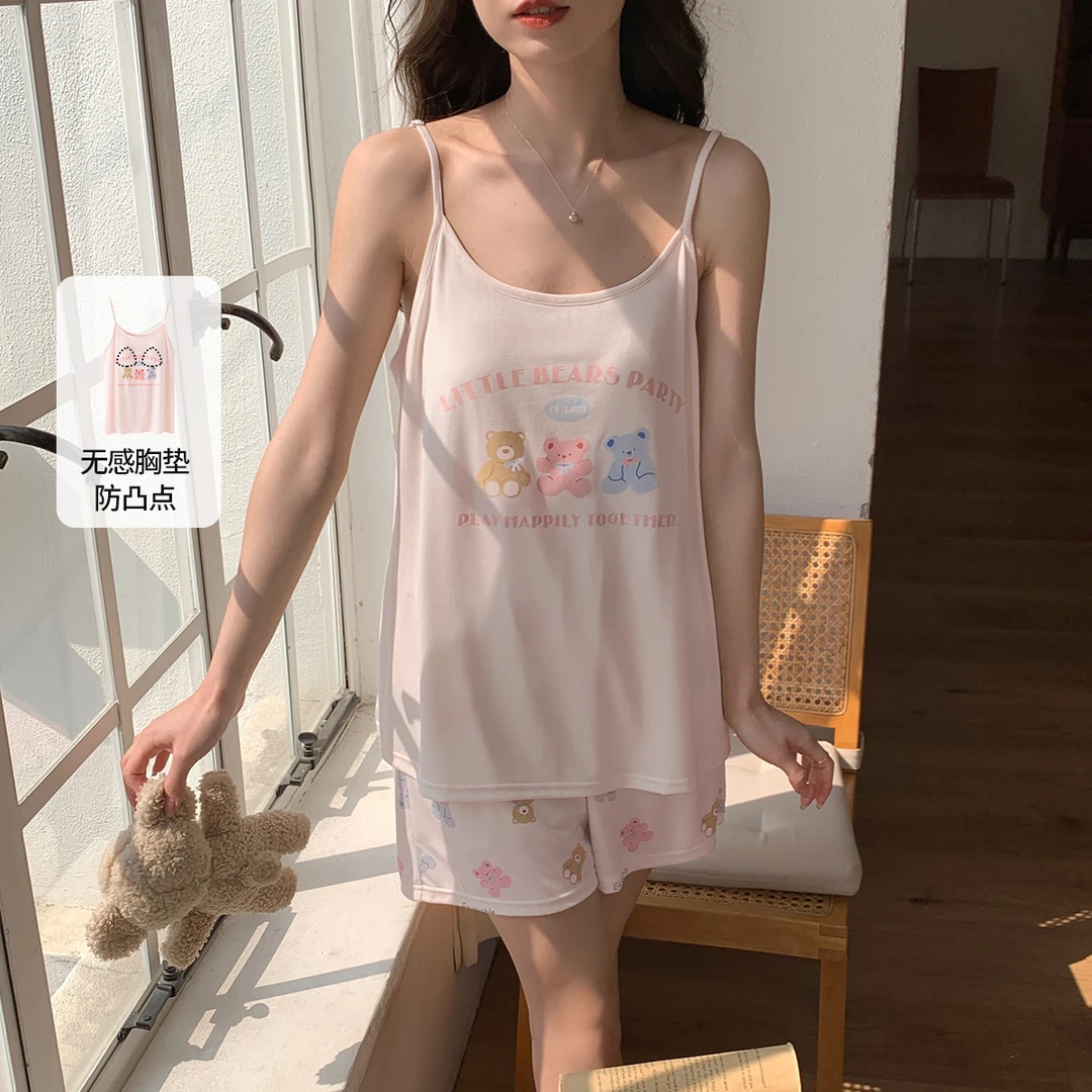 紫色花语女士彩色小胸带胸垫吊带无袖短裤睡衣套装家居服S4BD5221