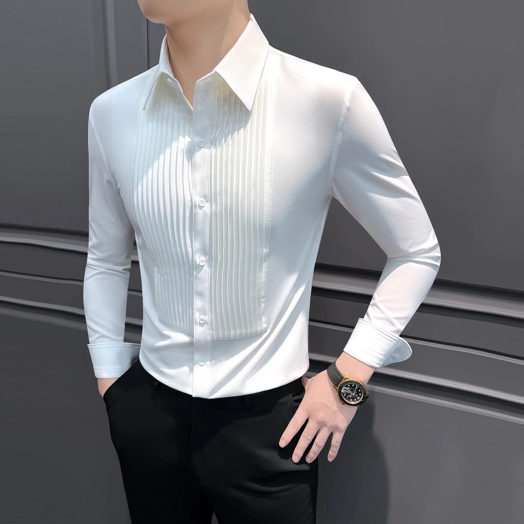塔士多礼服衬衫男款长袖痞帅高级感褶皱秋冬2025新款结婚男士衬衣