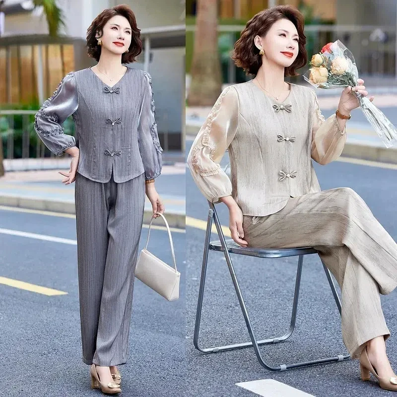时尚套装中老年妈妈装2025夏季新款新中式盘扣减龄显瘦两件739