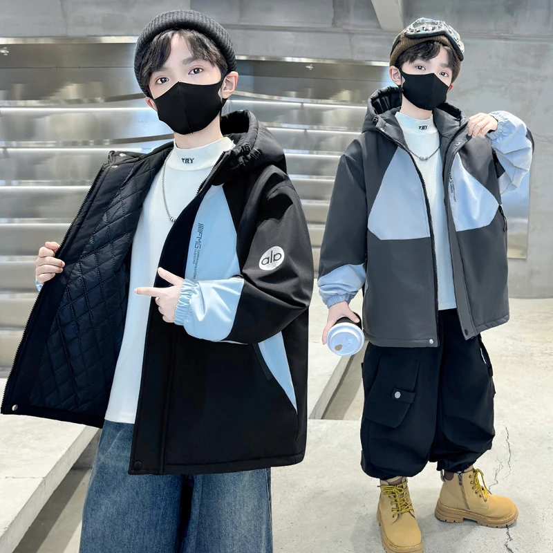 男童夹棉外套秋冬款2024新款中大童儿童加厚二棉棉衣拼色连帽风衣