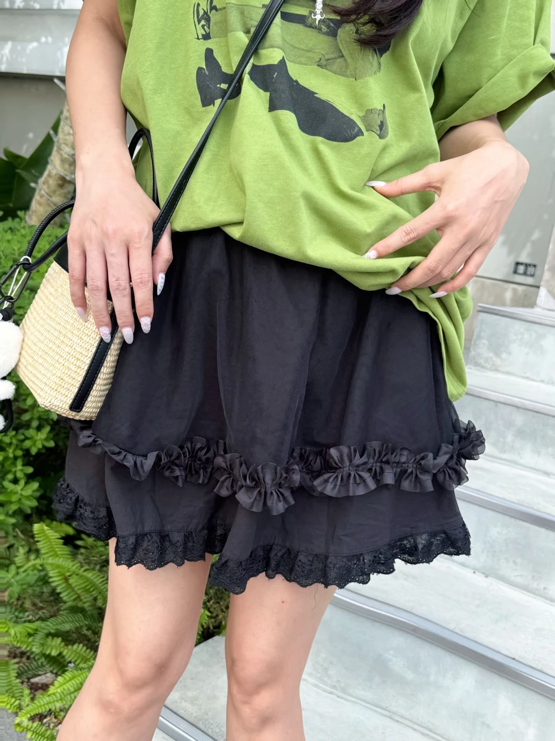 【惠惠家】8230甜美少女简约纯色拼接花边松紧腰宽松半身裙