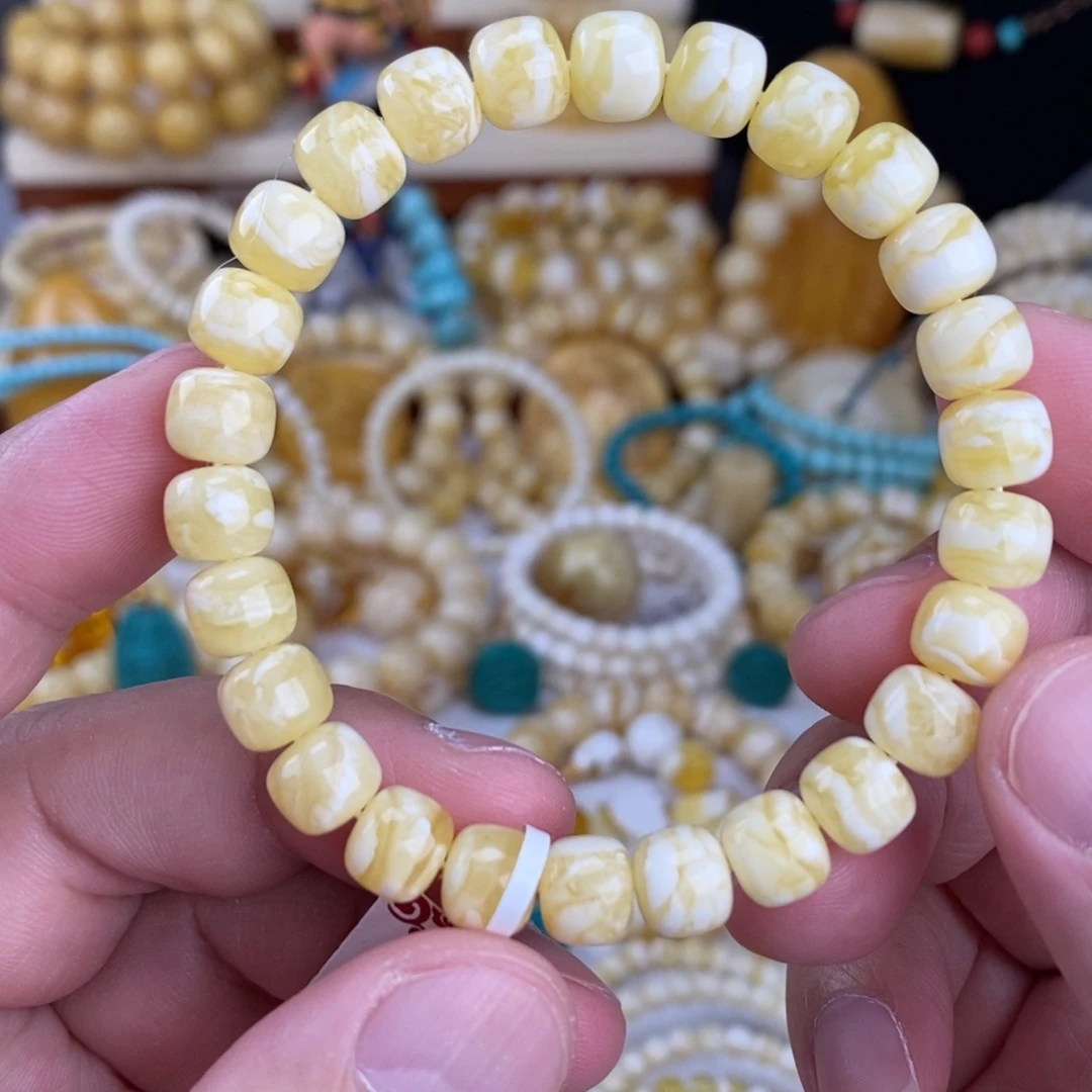 蜜蜡未镶嵌手链瓷白细纹虎皮纹8.6mm