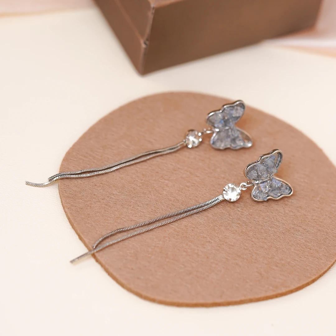 铜合金耳饰 高级感蓝色水晶蝴蝶耳环轻奢大气小众长款耳饰N2406