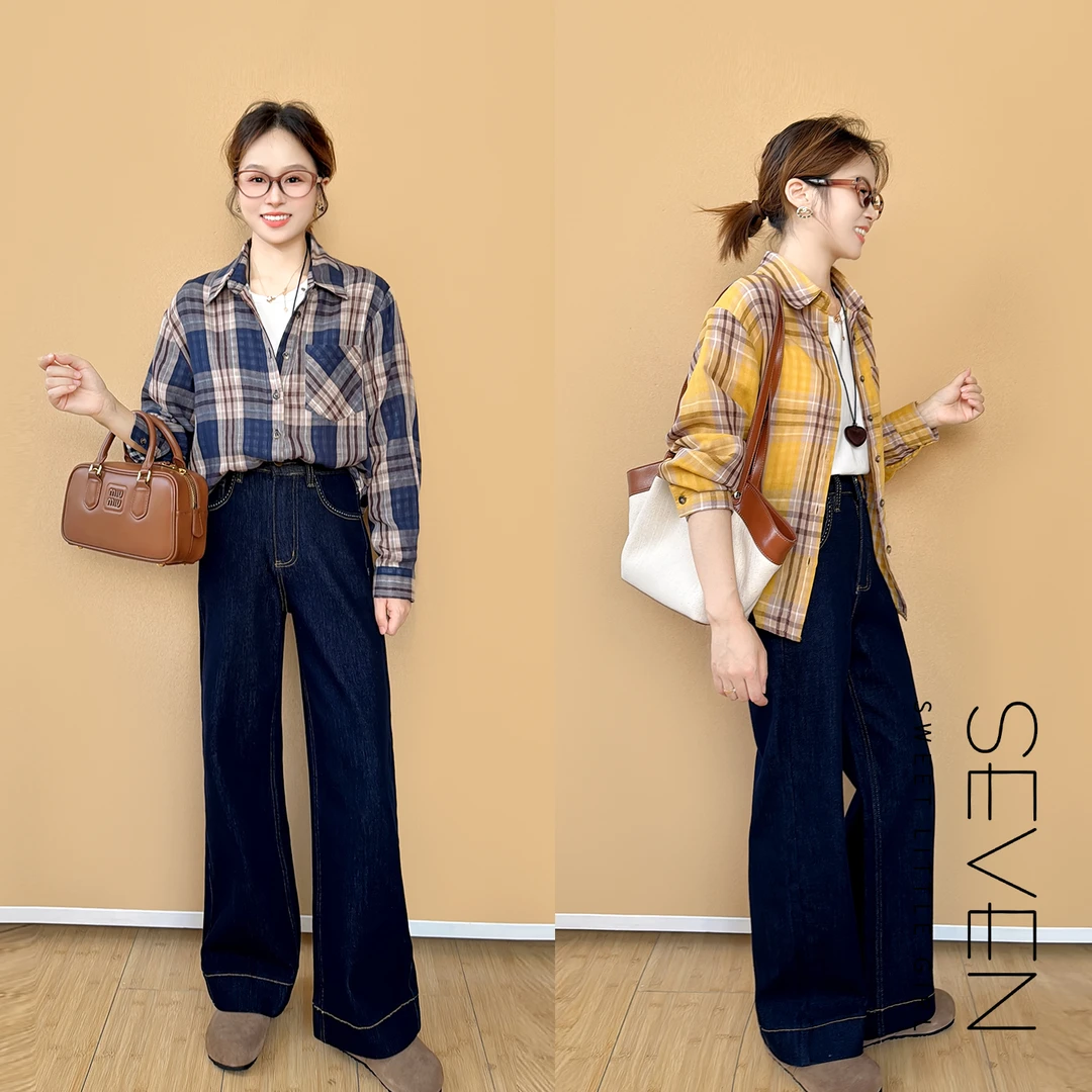 纯棉双格⑧七七146小个子早秋新款网红百搭休闲格纹衬衫女款小美说