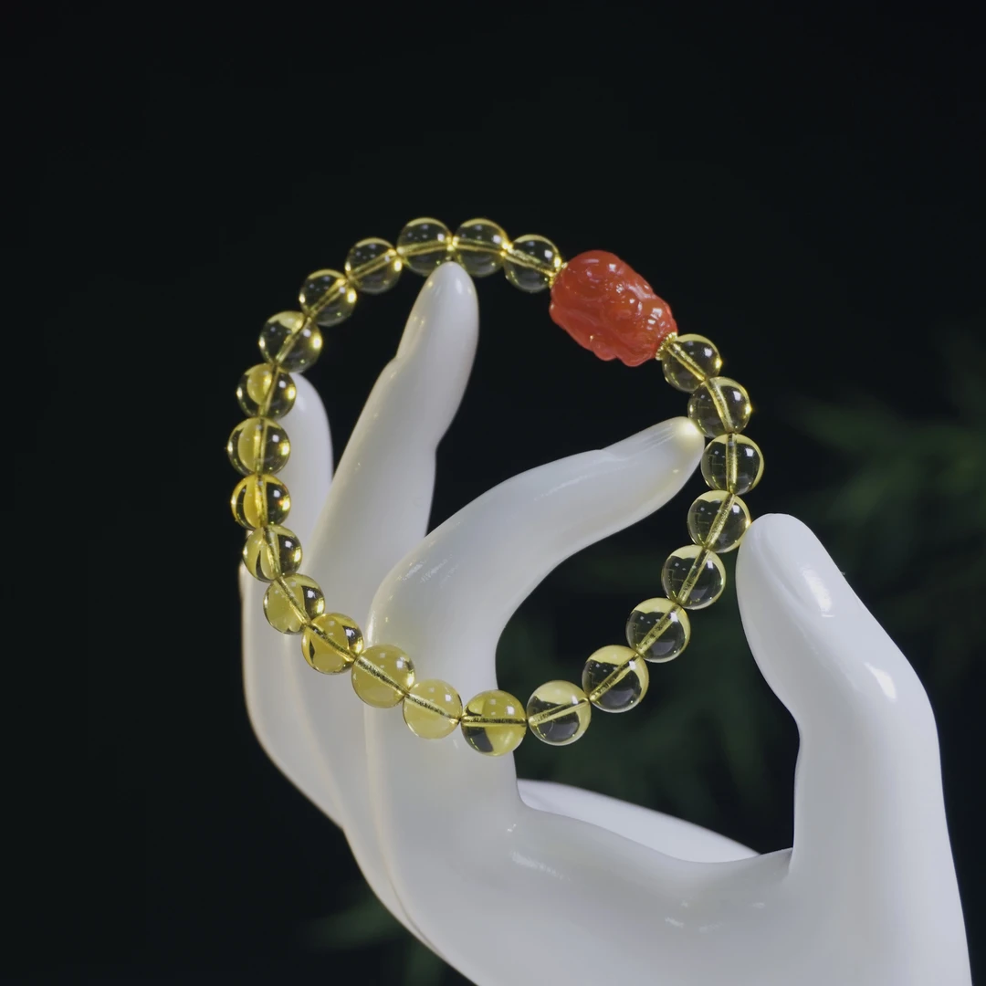 苏芳珠宝-7mm天然墨西哥净水蓝珀手串貔貅设计款时尚轻奢单圈