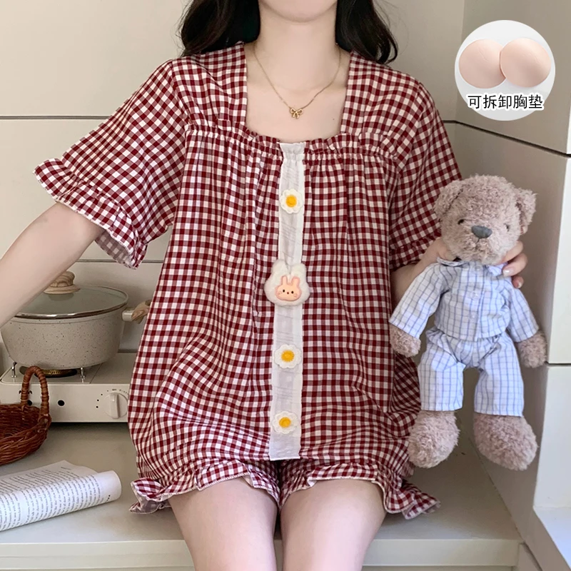 带胸垫睡衣女夏季新款格子短袖短裤套装网红开衫花边小香风家居服