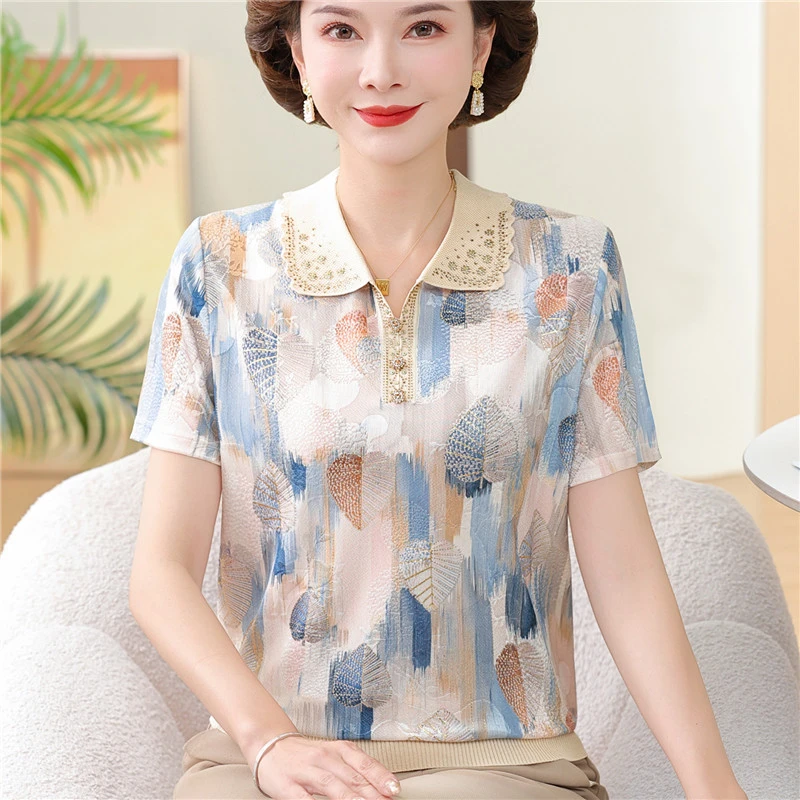 2025新款雪纺冰丝短袖上衣中老年女洋气T恤妈妈夏装50岁宽松小衫