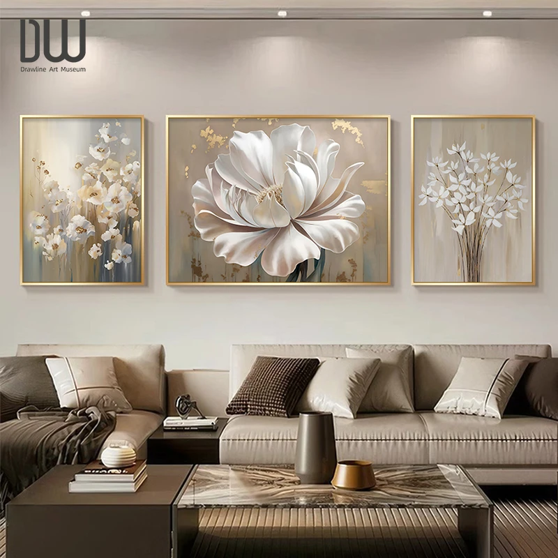 奶油风客厅装饰画沙发背景墙挂画现代简约三联壁画温柔感花卉油画