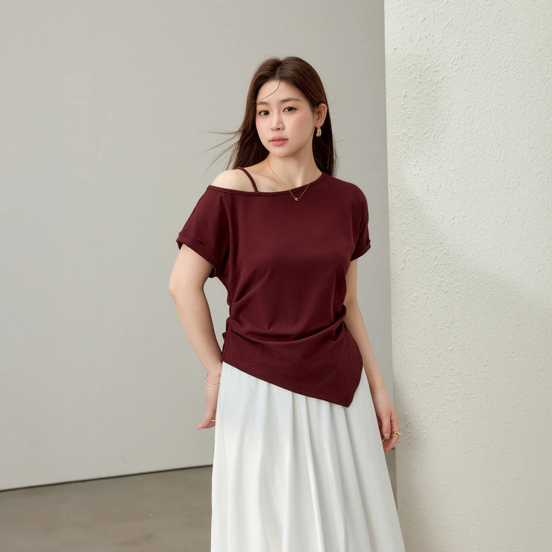 【海岛阡陌】纤莉秀W大码女装恋夏风斜露肩压褶不规则针织衫QK2631