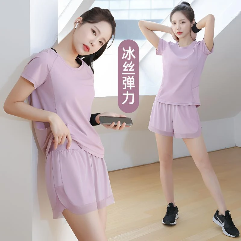 夏日时尚健身女款宽松大码显瘦透气速干套装淡艾绿清新色调弹力十
