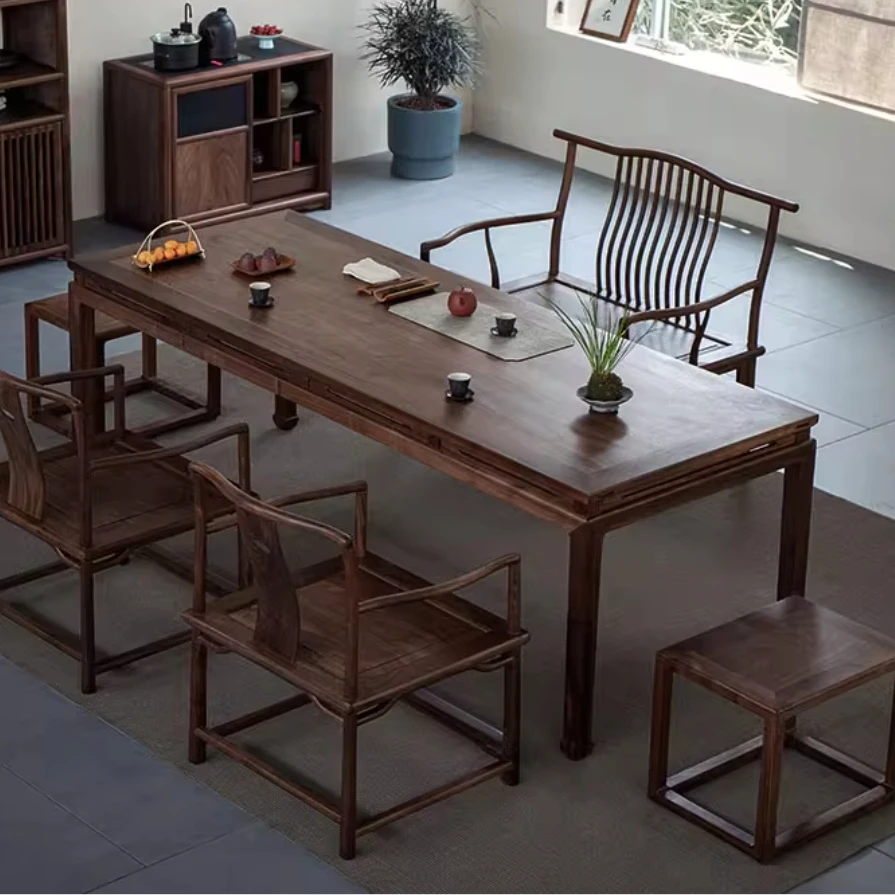 新中式实木茶桌椅组合客厅黑胡桃木茶台禅意泡茶桌直背椅茶室家具