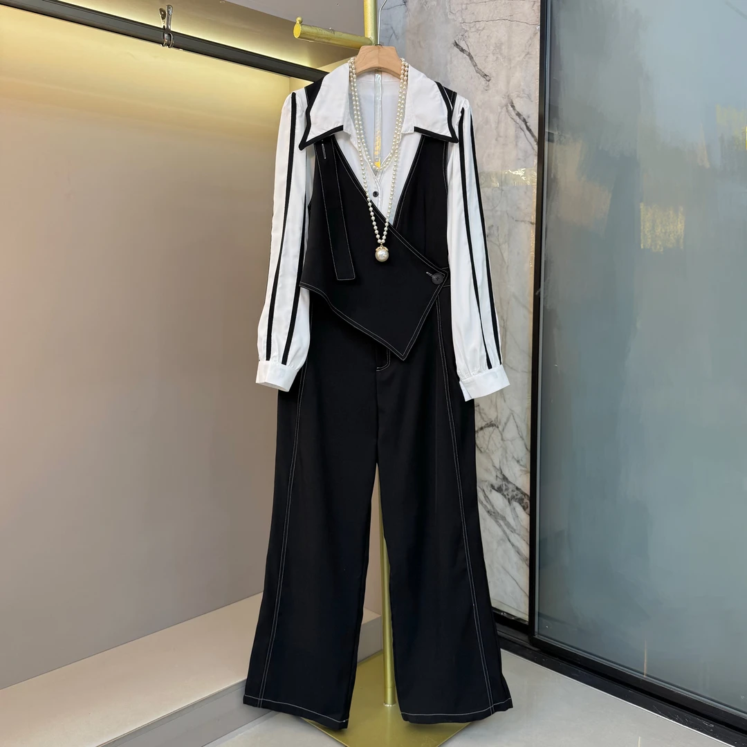 2025秋季新款慵懒风休闲减龄条纹时尚衬衫百搭背带裤两件套68037