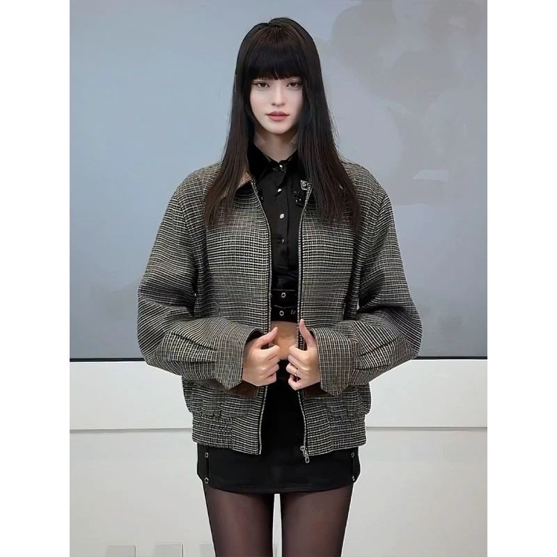 美式复古哈灵顿千鸟格外套男春秋款老钱风短款正肩翻领棒球服夹克