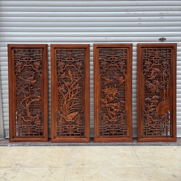 东阳木雕梅兰竹菊四条屏挂件香樟木材质沙发背景墙茶室客厅挂画