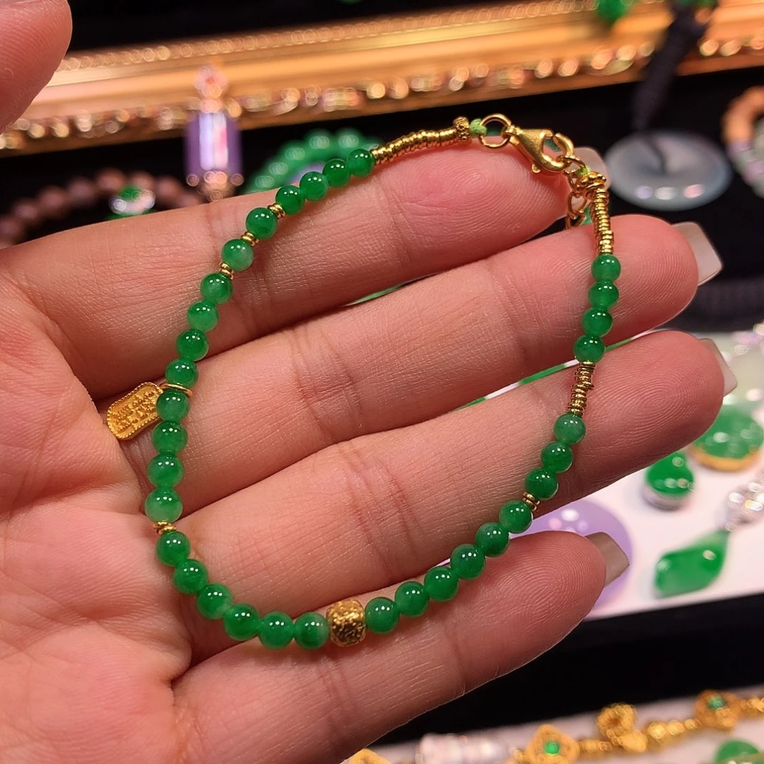 足金镶嵌手链翡翠缅甸翡翠手链足金镶嵌