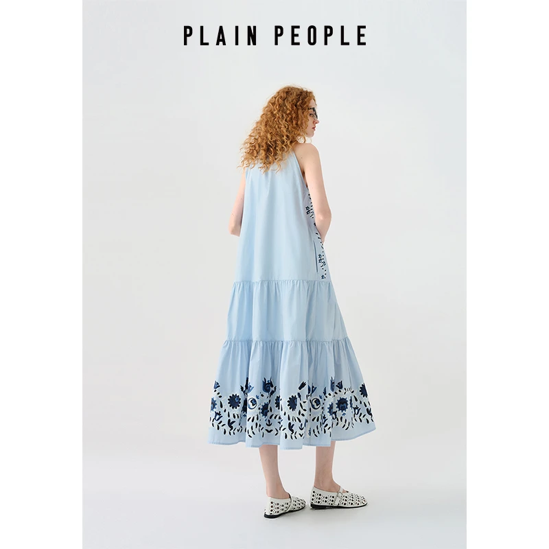 PLAIN PEOPLE波西米亚度假风印花A字大摆量挂脖连衣裙2025夏新款