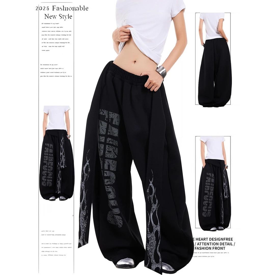 设计感美式复古字母火焰飘带弯刀裤子女嘻哈宽松直筒阔腿休闲裤子