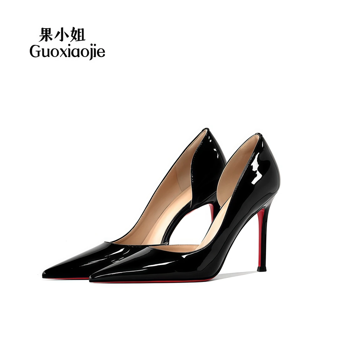 经典漆皮红底高跟鞋女侧空细跟尖头百搭性感职业浅口2025高跟女鞋