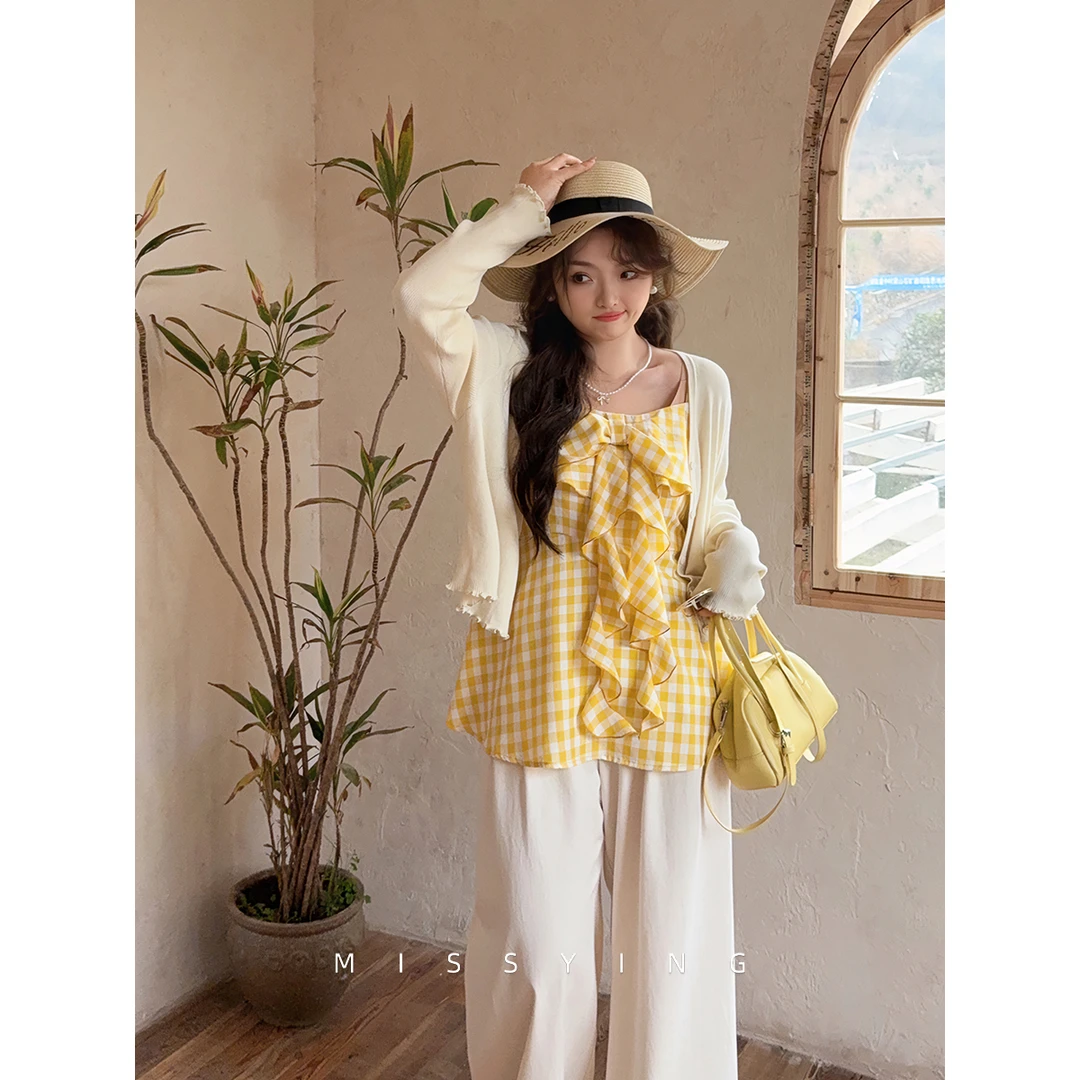 应小姐【盛夏】微胖大码女装显瘦气质宽松设计感蝴蝶结格子吊带上衣