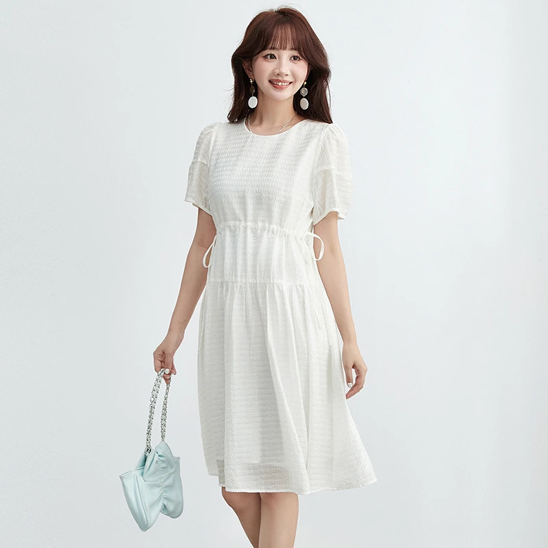 B160时尚减龄中长裙侧边抽绳裙子连衣裙女2025夏52HG0A0160