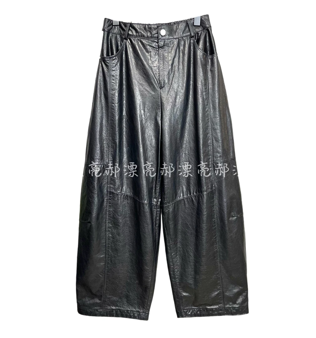 秋冬新款真皮油蜡牛皮休闲弯刀裤九分哈伦女士皮裤阔腿裤时尚显瘦