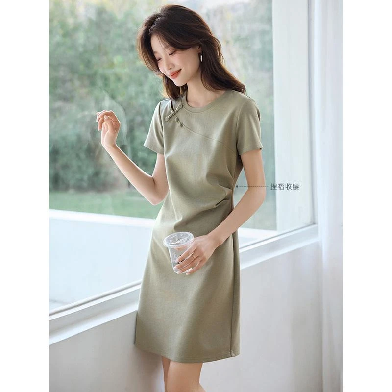 复古新中式修身连衣裙2025春季新款休闲开学季设计感简约连衣裙