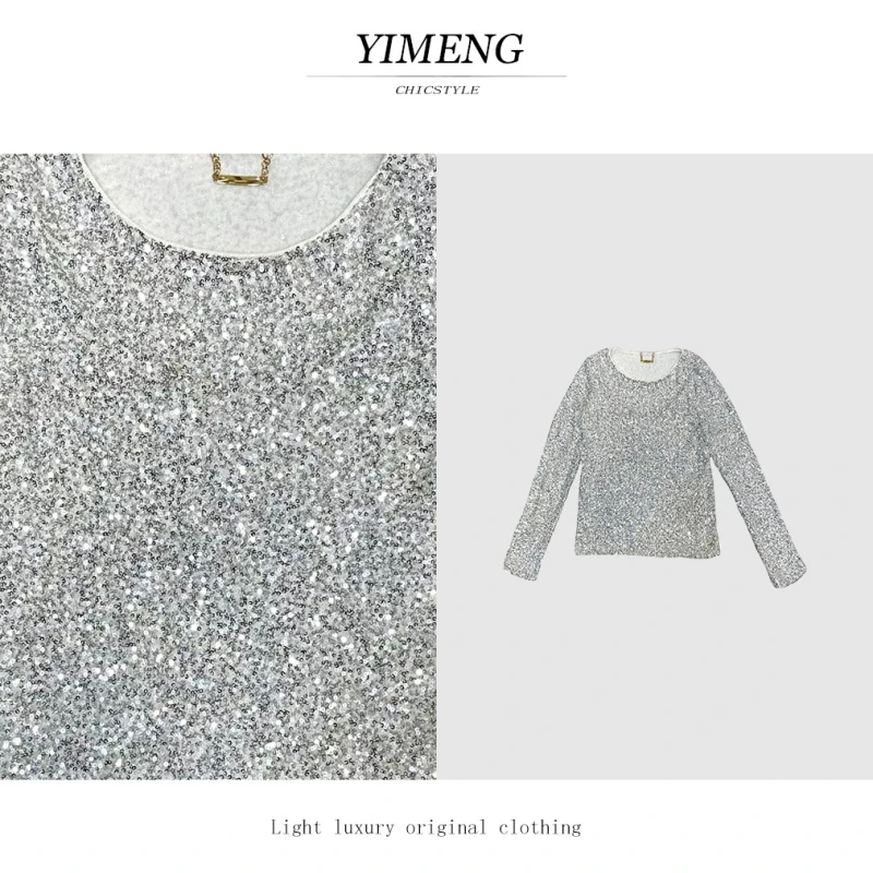 YIMENG/逸梦【银色新星】定制银色时尚圆领弹力亮片百搭长袖女士上