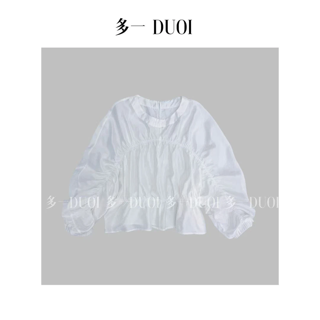 多一“白薇”2025夏季宽松褶皱荷叶边轻薄圆领休闲百搭衬衫