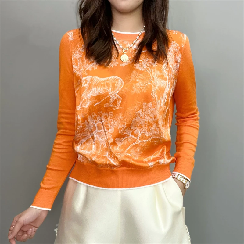 （7店）2025春季新品长袖休闲女士复古印花百搭显瘦套头衫
