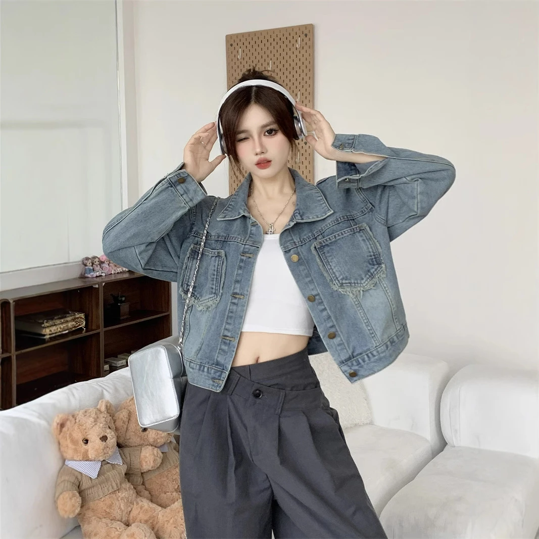 2025春秋新款设计感毛边宽松牛仔短外套女百搭牛仔衣港风外套上衣