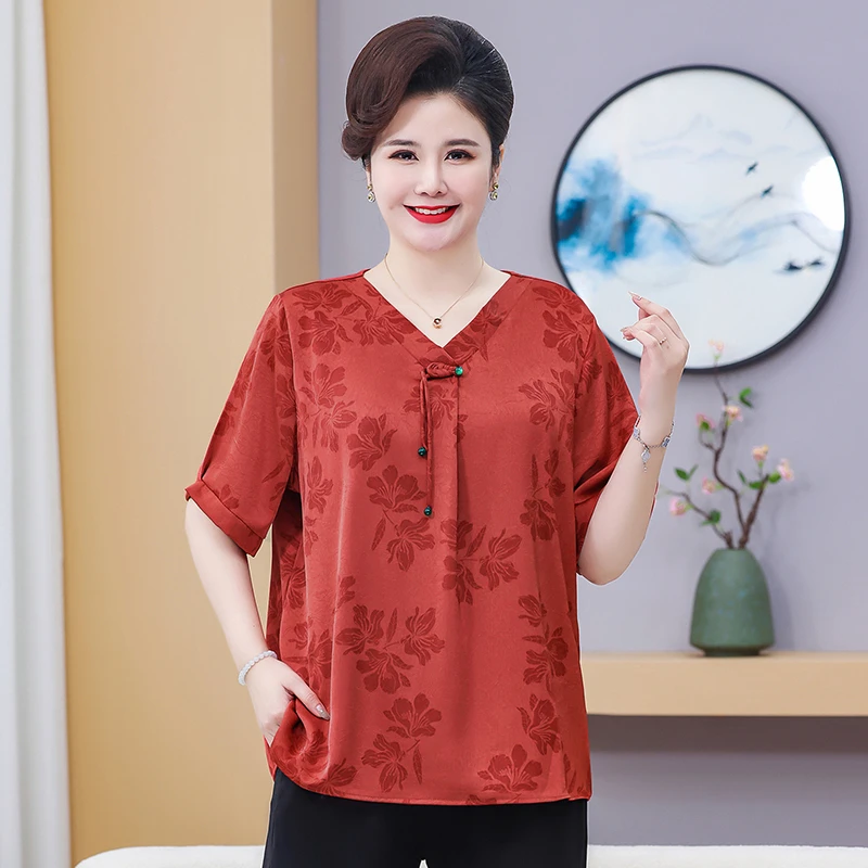 130-260斤特大码妈妈装加肥时尚国风V领短袖T恤中老年女小衫套装