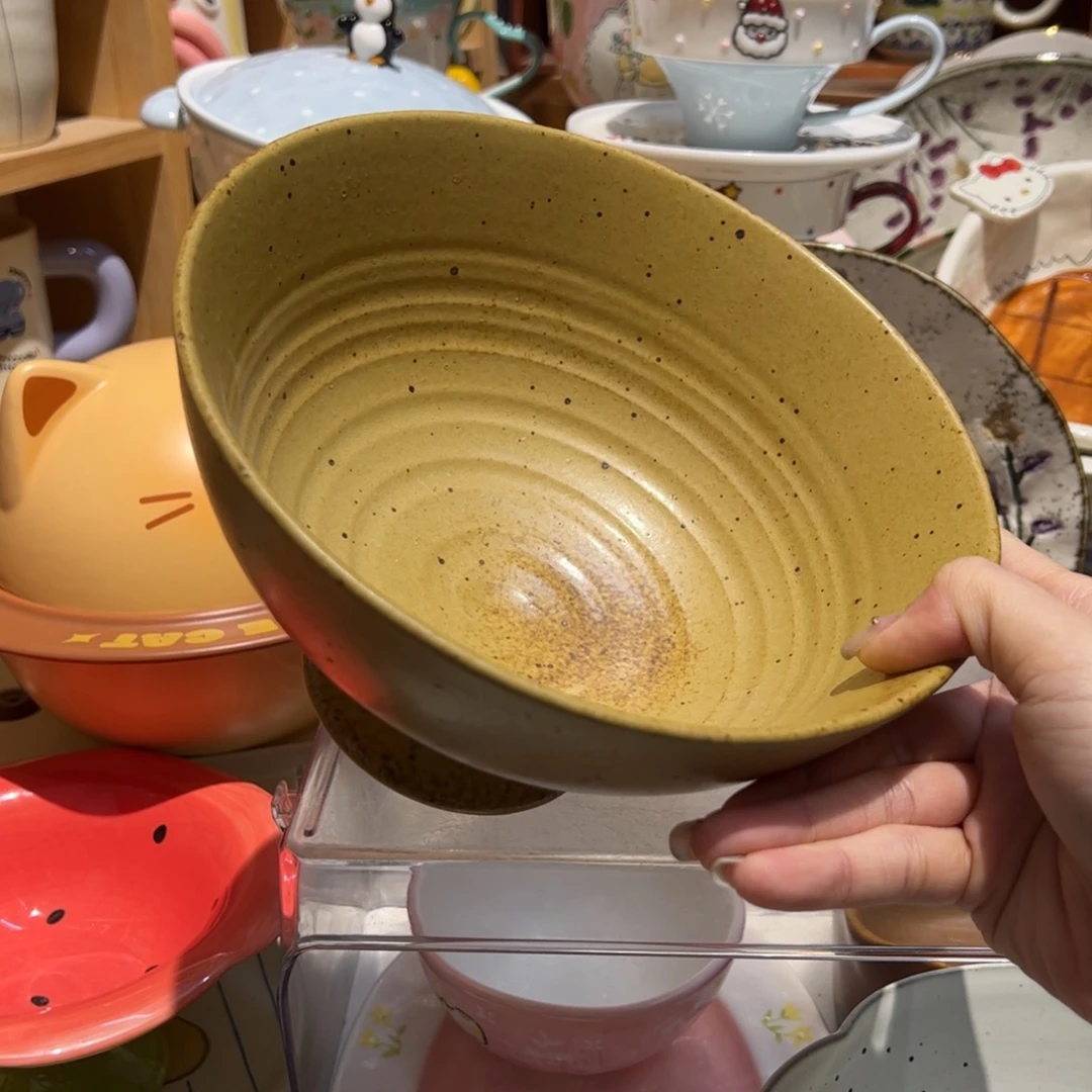 粗陶手作黄色高脚果碗