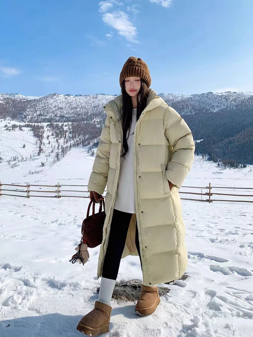 新标95白鸭绒韩版冬季休闲时尚连帽长款高品质羽绒服