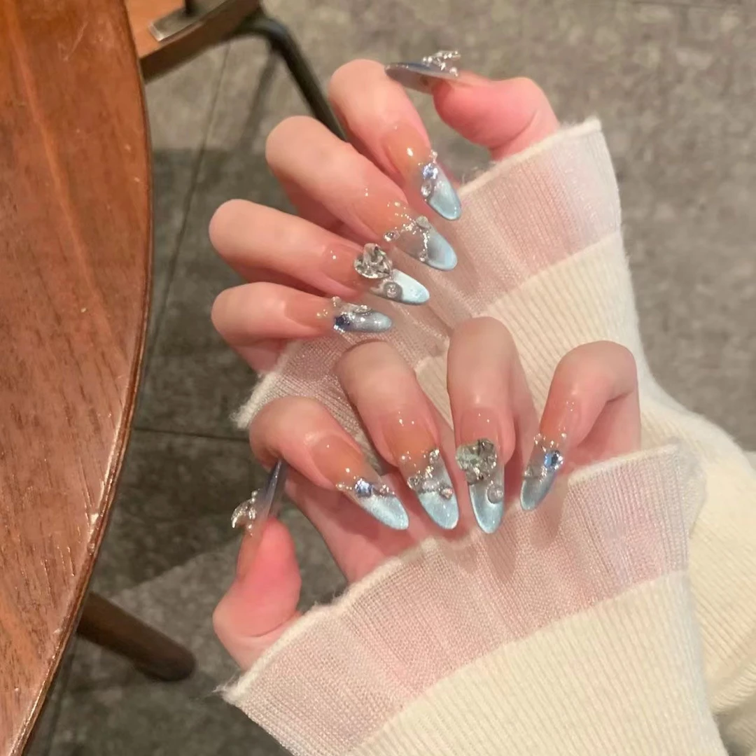 【蓝凝星河】纯手工气质猫眼高级轻奢爆闪穿戴纯欲氛围法式美甲