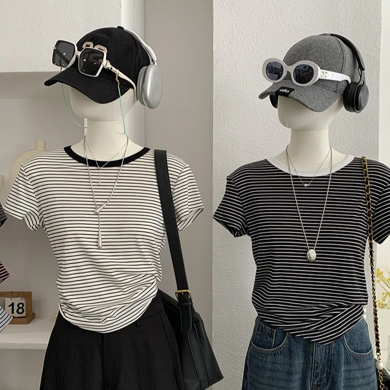 欧玛莱正肩圆领撞色细条纹短袖显瘦套头T恤春夏季韩版上衣女5976